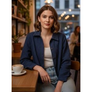 Sana Studio Textured Button Up Blazer Jacket Women's XL Navy Blue Cotton Boxy